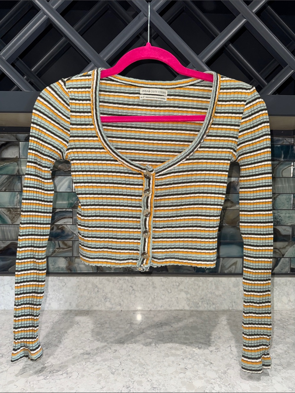 Urban Outfitters Striped Ribbed Cropped Cardigan - Yellow, White, Gray, Black